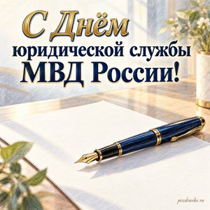 День юридической службы МВД России — открытка «С Днём юридической службы МВД России!» с перьевой ручкой и чистым документом