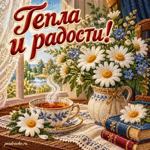 День юридической службы МВД России — открытка «Тепла и радости!» с чашкой чая и букетом ромашек