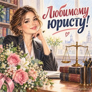 День юриста — открытка «Любимому юристу!» с женщиной-юристом и цветами