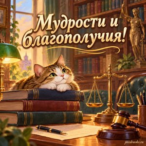 День юриста — открытка «Мудрости и благополучия!» с уютной юридической библиотекой