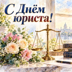 День юриста — открытка «С Днём юриста!» с весами правосудия и букетом