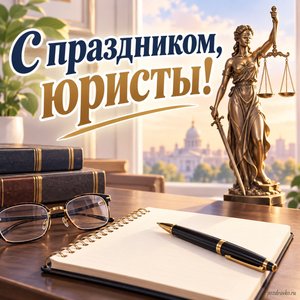 День юриста — открытка «С праздником, юристы!» с ручкой, очками и чистым блокнотом