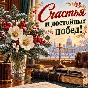 День юриста — открытка «Счастья и достойных побед!» с зимним букетом на рабочем столе