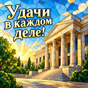 День юриста — открытка «Удачи в каждом деле!» с солнечным фасадом здания суда без символов
