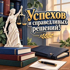 День юриста — открытка «Успехов и справедливых решений!» с книгами без букв и рабочей папкой