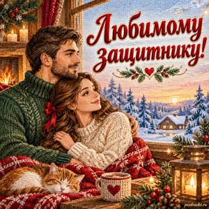 День защитника Отечества — открытка «Любимому защитнику!» с парой у тёплого домашнего окна