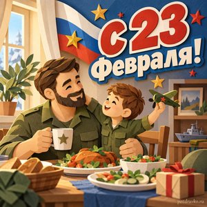 День защитника Отечества — открытка «С 23 Февраля!» с отцом и сыном у праздничного домашнего стола