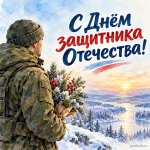 День защитника Отечества — открытка «С Днём защитника Отечества!» с нейтральной формой без эмблем и зимним букетом