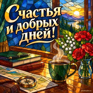 День защитника Отечества — открытка «Счастья и добрых дней!» с уютным рабочим столом, чашкой и цветами