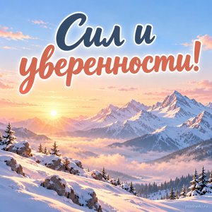 День защитника Отечества — открытка «Сил и уверенности!» с горным зимним рассветом и ясным небом