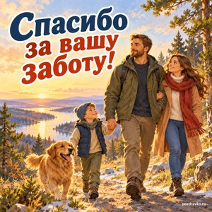 День защитника Отечества — открытка «Спасибо за вашу заботу!» с мужчиной и семьёй на спокойной прогулке