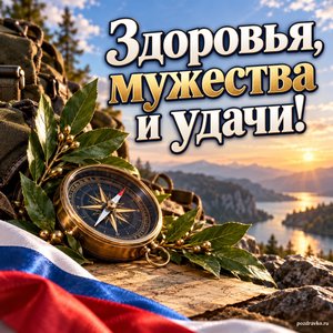 День защитника Отечества — открытка «Здоровья, мужества и удачи!» с компасом и ветвями лавра