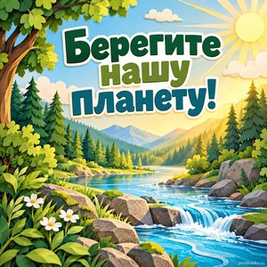 День Земли — открытка «Берегите нашу планету!» с лесом и чистой рекой в солнечном свете