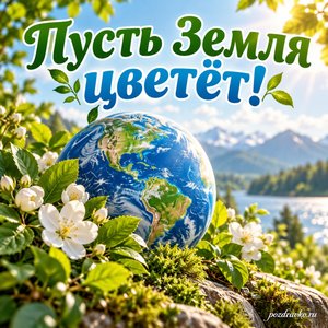 День Земли — открытка «Пусть Земля цветёт!» с голубой планетой среди листьев