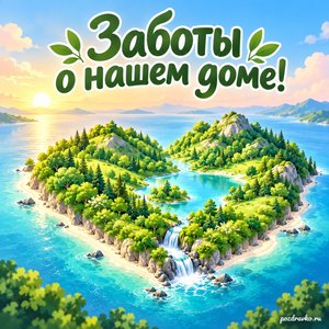 День Земли — открытка «Заботы о нашем доме!» с зелёным островом в форме сердца