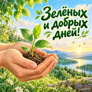 День Земли — открытка «Зелёных и добрых дней!» с маленьким ростком в ладонях