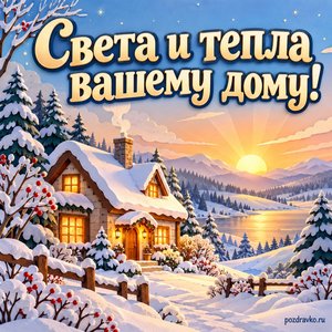 День зимнего солнцестояния — открытка «Света и тепла вашему дому!» с уютным домом в зимнем рассветном свете