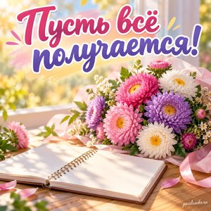 День знаний — открытка «Пусть всё получается!» с тетрадью без букв и букетом астр