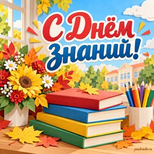 День знаний — открытка «С Днём знаний!» с книгами и цветными карандашами