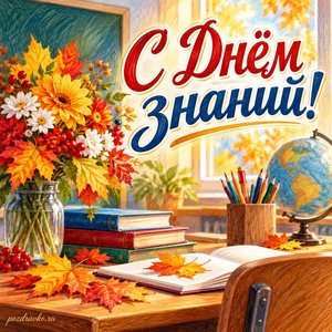День знаний — открытка «С Днём знаний!» с школьной партой и осенними листьями