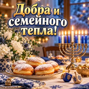 Ханука — открытка «Добра и семейного тепла!» с пончиками без надписей и зимними цветами на семейном столе