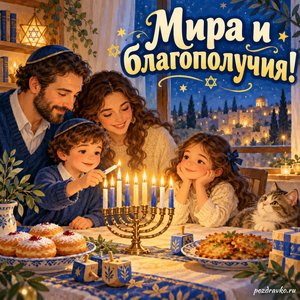 Ханука — открытка «Мира и благополучия!» с семьёй в уютной домашней обстановке