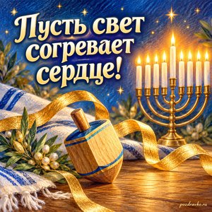 Ханука — открытка «Пусть свет согревает сердце!» с маленьким деревянным волчком без букв и золотыми лентами