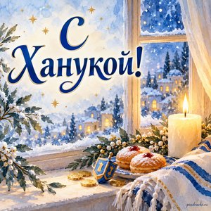 Ханука — открытка «С Ханукой!» с тёплым светом свечи у уютного зимнего окна без подсвечников