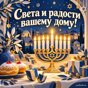 Ханука — открытка «Света и радости вашему дому!» с бумажными звёздами и золотыми огоньками