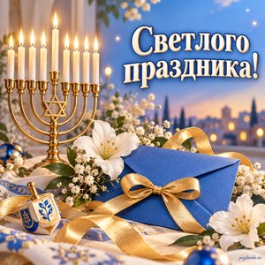 Ханука — открытка «Светлого праздника!» с синим конвертом, золотыми лентами и белыми цветами