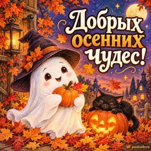 Хэллоуин — открытка «Добрых осенних чудес!» с маленьким добрым привидением среди осенних листьев