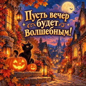 Хэллоуин — открытка «Пусть вечер будет волшебным!» с сказочной улочкой, украшенной тыквенными фонарями