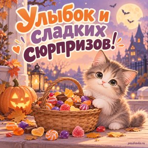 Хэллоуин — открытка «Улыбок и сладких сюрпризов!» с корзиной конфет без обёрток и милым котёнком