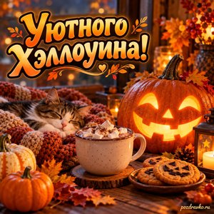 Хэллоуин — открытка «Уютного Хэллоуина!» с тыквенным фонарём и чашкой какао на уютном столе