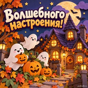 Хэллоуин — открытка «Волшебного настроения!» с бумажным домиком, тыквами и добрыми привидениями