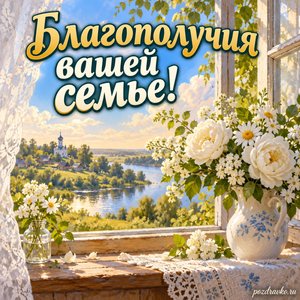 Ильин день — открытка «Благополучия вашей семье!» с белыми цветами у открытого окна