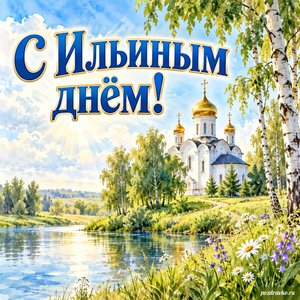 Ильин день — открытка «С Ильиным днём!» с белым храмом среди зелёных берёз
