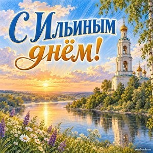 Ильин день — открытка «С Ильиным днём!» с колокольней над тихой рекой