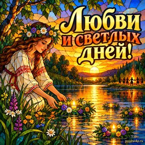 Иван Купала — открытка «Любви и светлых дней!» с тихой рекой в золотом закате