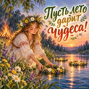 Иван Купала — открытка «Пусть лето дарит чудеса!» с девушкой в скромном льняном платье и цветочным венком