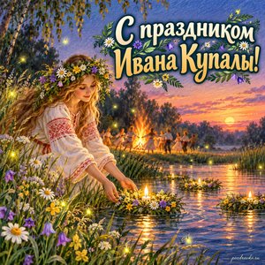 Иван Купала — открытка «С праздником Ивана Купалы!» с летним лугом и светлячками