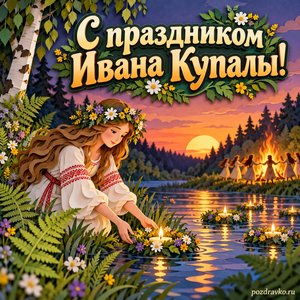 Иван Купала — открытка «С праздником Ивана Купалы!» с папоротниками в мягком вечернем свете