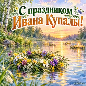 Иван Купала — открытка «С праздником Ивана Купалы!» с венком полевых цветов у тихой реки