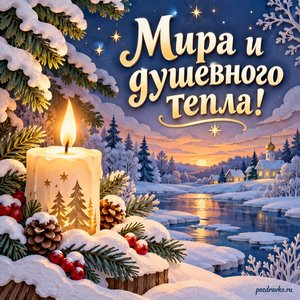 Крещенский сочельник — открытка «Мира и душевного тепла!» с горящей свечой и спокойным зимним пейзажем