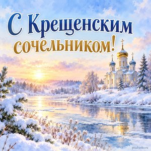 Крещенский сочельник — открытка «С Крещенским сочельником!» с зимним храмом у заснеженной реки