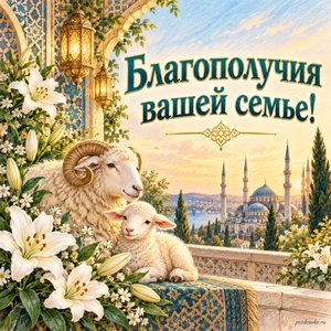 Курбан-байрам — открытка «Благополучия вашей семье!» с белыми лилиями и нежным восточным орнаментом без букв Курбан-байрам — открытка «Благополучия вашей семье!» с белыми лилиями и нежным восточным орнаментом без букв
