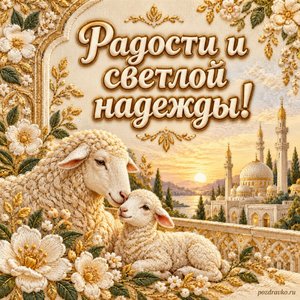 Курбан-байрам — открытка «Радости и светлой надежды!» с вышитым цветочным узором в кремовых и золотых тонах Курбан-байрам — открытка «Радости и светлой надежды!» с вышитым цветочным узором в кремовых и золотых тонах