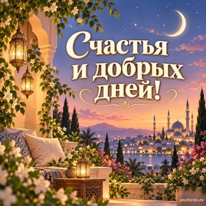 Курбан-байрам — открытка «Счастья и добрых дней!» с полумесяцем над тихим вечерним садом Курбан-байрам — открытка «Счастья и добрых дней!» с полумесяцем над тихим вечерним садом