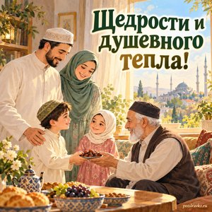 Курбан-байрам — открытка «Щедрости и душевного тепла!» с семьёй в скромной одежде у светлого окна Курбан-байрам — открытка «Щедрости и душевного тепла!» с семьёй в скромной одежде у светлого окна