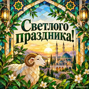 Курбан-байрам — открытка «Светлого праздника!» с витражной аркой и зелёными растительными мотивами без каллиграфии Курбан-байрам — открытка «Светлого праздника!» с витражной аркой и зелёными растительными мотивами без каллиграфии